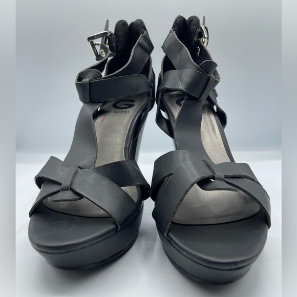 Guess Heels Black Leather Size 7 T Strap Chic Design New - Picture 3 of 16